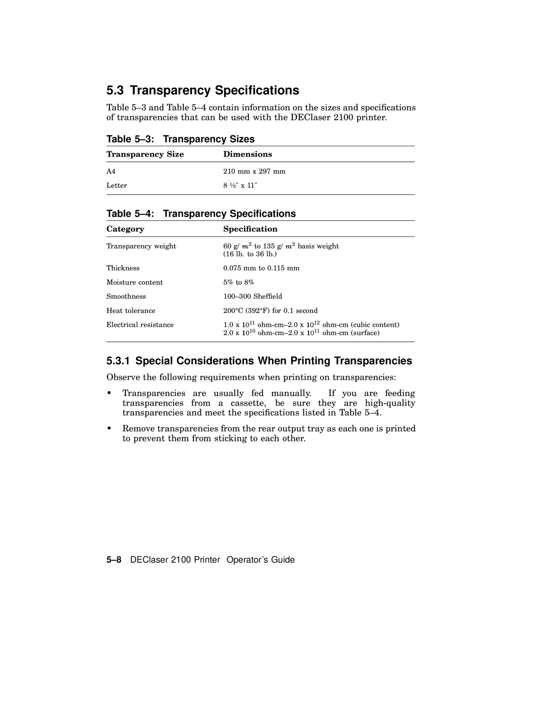 AGFA 2100 manual Transparency Speciﬁcations, Special Considerations When Printing Transparencies, Transparency Sizes 