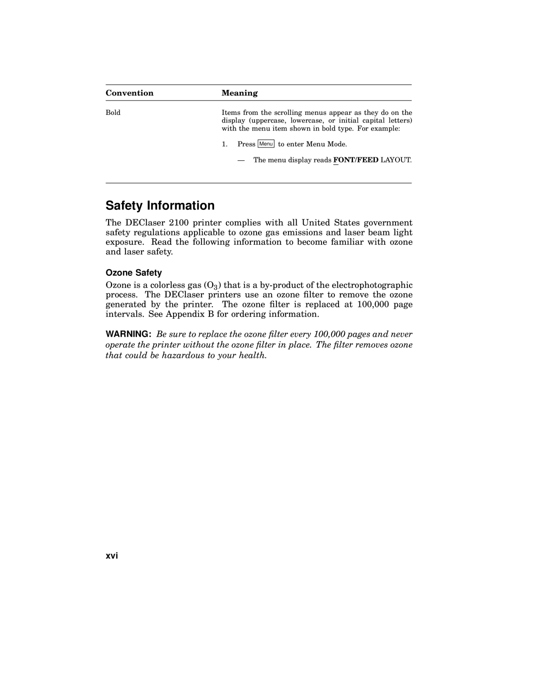 AGFA 2100 manual Safety Information, Ozone Safety, Xvi 