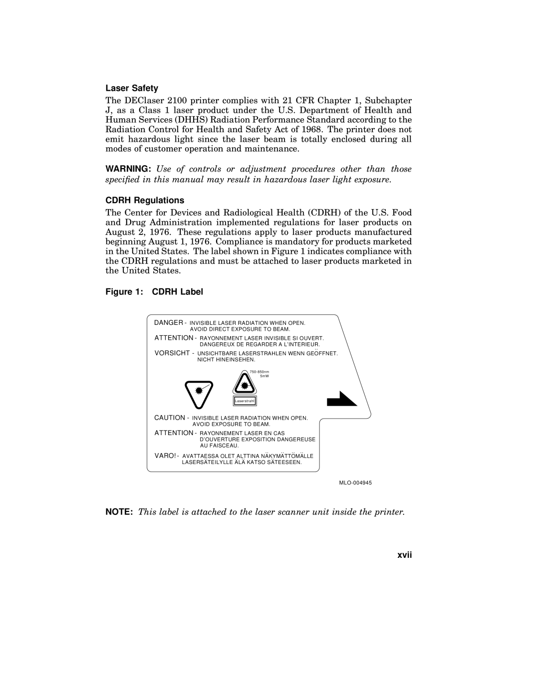 AGFA 2100 manual Laser Safety, Cdrh Regulations, Xvii 