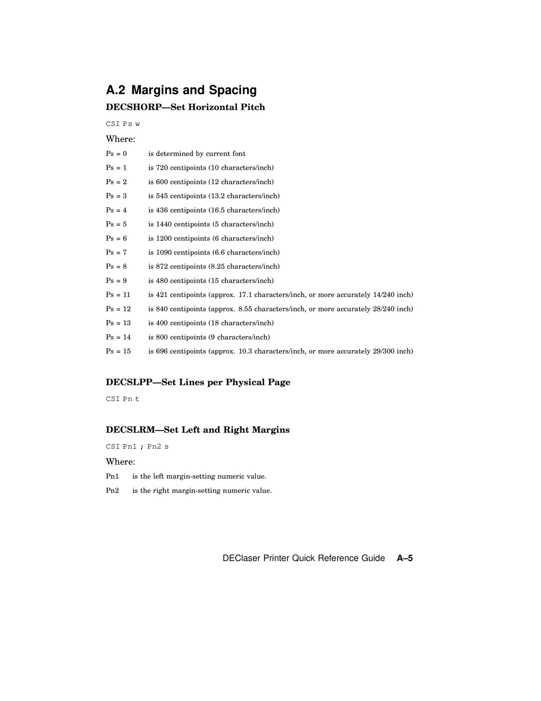 AGFA 2100 manual Margins and Spacing, DECSHORP-Set Horizontal Pitch, DECSLPP-Set Lines per Physical 