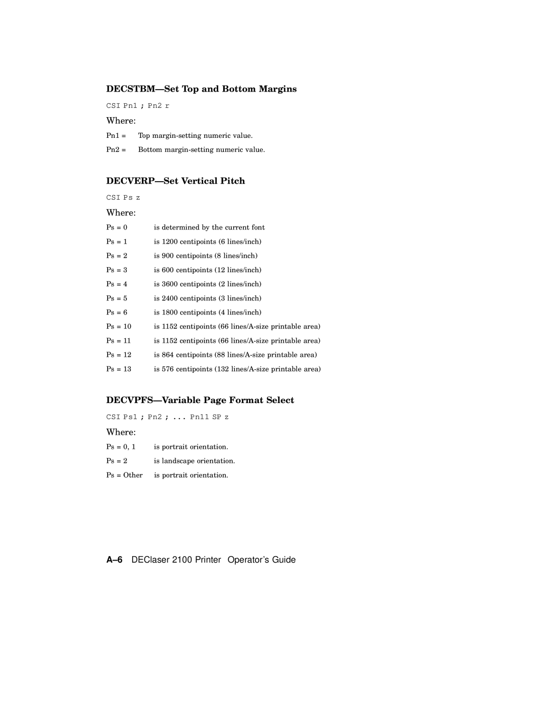 AGFA 2100 manual DECSTBM-Set Top and Bottom Margins, DECVERP-Set Vertical Pitch, DECVPFS-Variable Page Format Select 