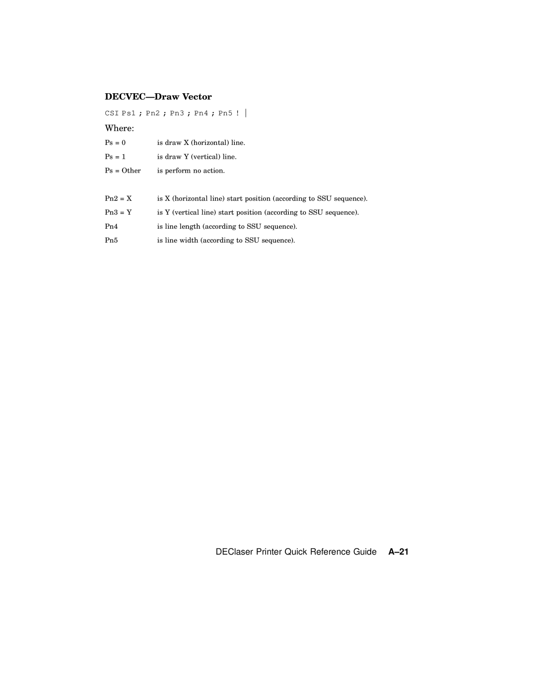 AGFA 2100 manual DECVEC-Draw Vector, DEClaser Printer Quick Reference Guide A-21 