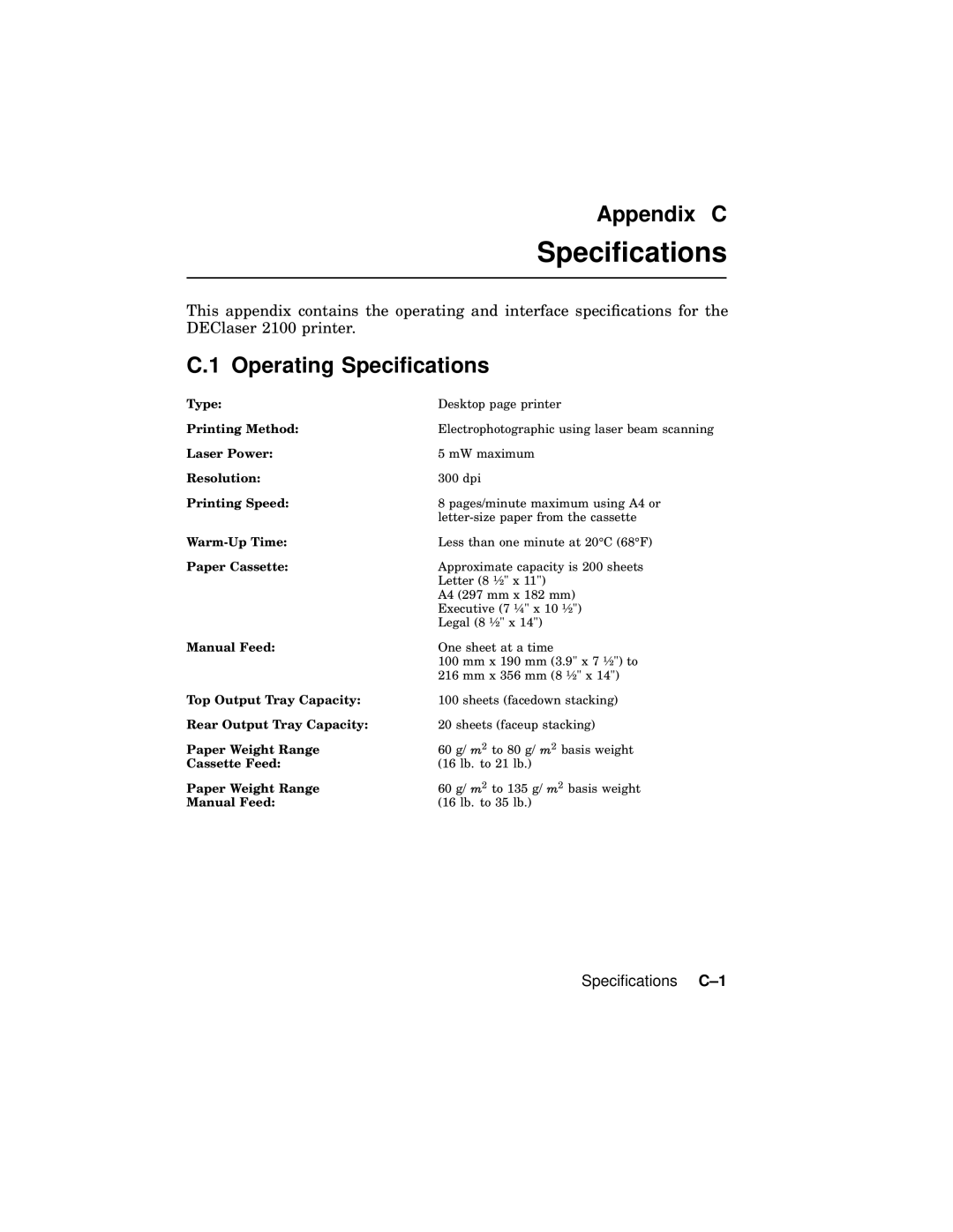 AGFA 2100 manual Appendix C, Operating Speciﬁcations, Speciﬁcations C-1 