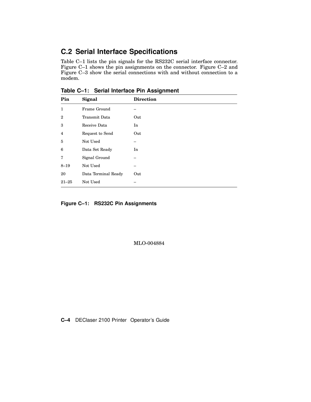 AGFA 2100 manual Serial Interface Speciﬁcations, Table C-1 Serial Interface Pin Assignment, Pin Signal Direction 