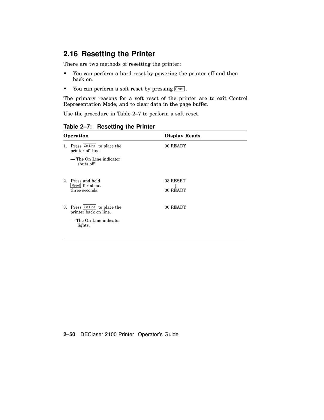 AGFA manual Resetting the Printer, 50DEClaser 2100 Printer Operators Guide 