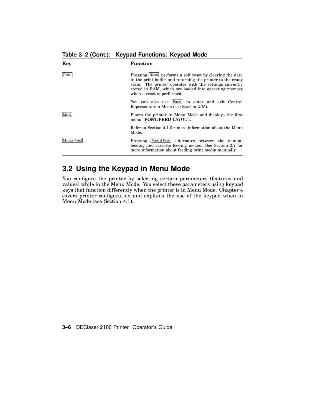 AGFA 2100 manual Using the Keypad in Menu Mode, Key Function 