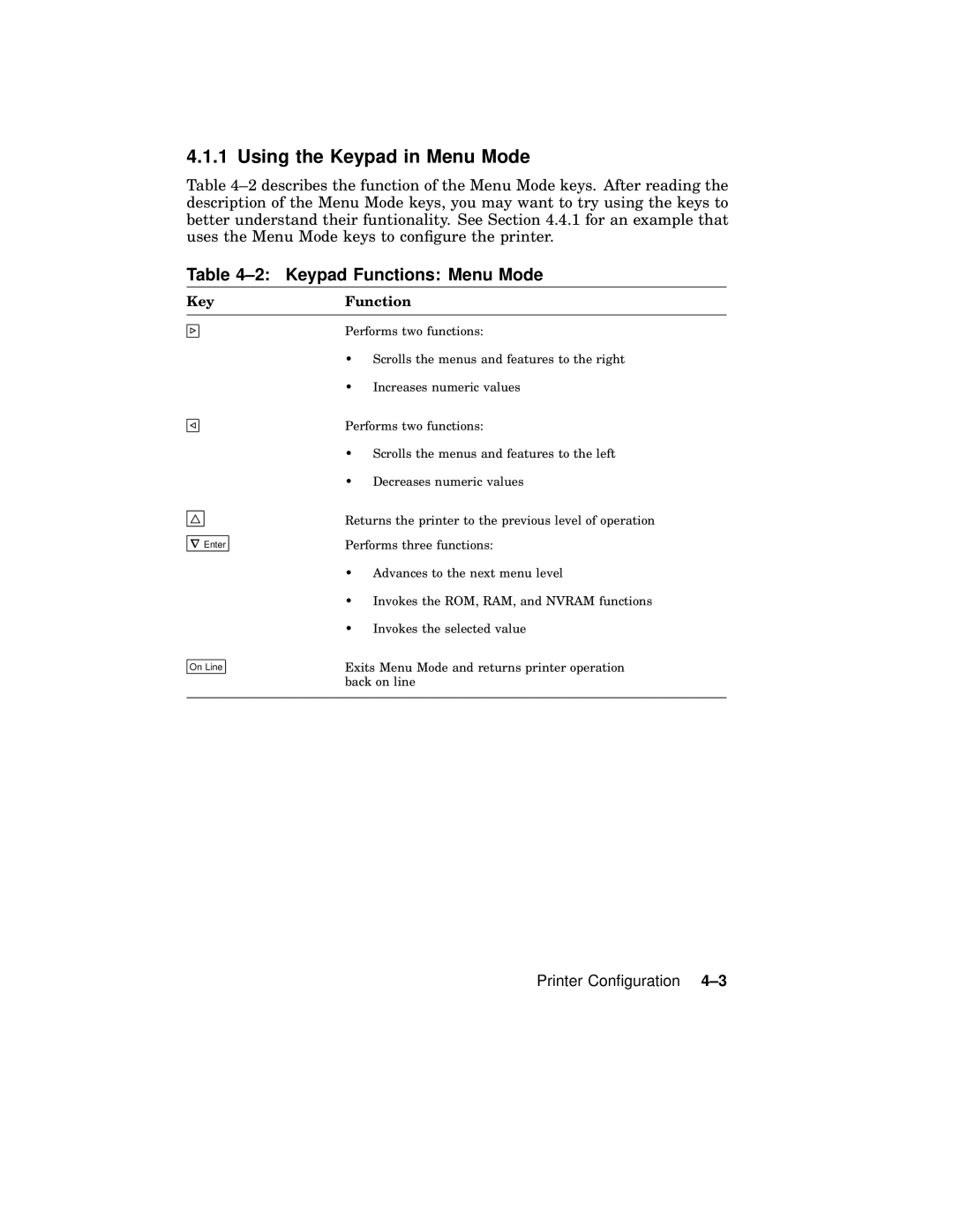 AGFA 2100 manual Using the Keypad in Menu Mode, Keypad Functions Menu Mode, KeyFunction 