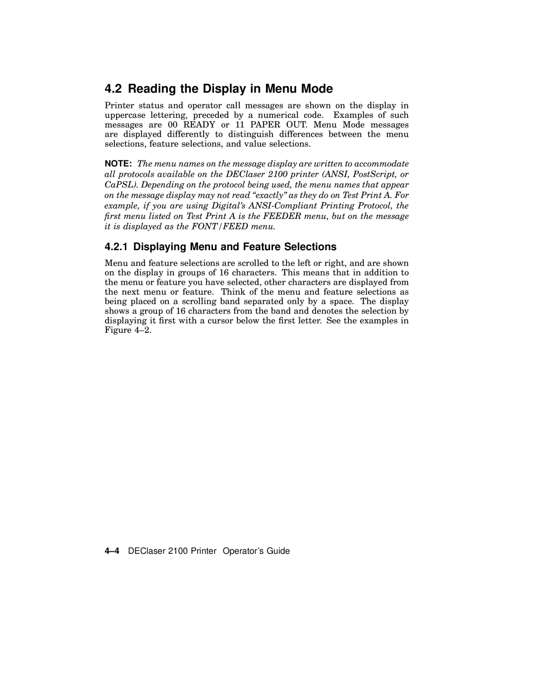 AGFA 2100 manual Reading the Display in Menu Mode, Displaying Menu and Feature Selections 