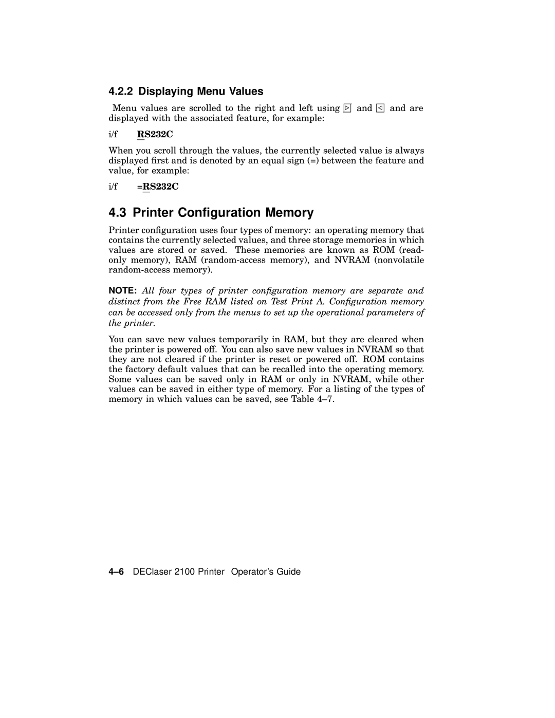 AGFA 2100 manual Printer Conﬁguration Memory, Displaying Menu Values, RS232C 