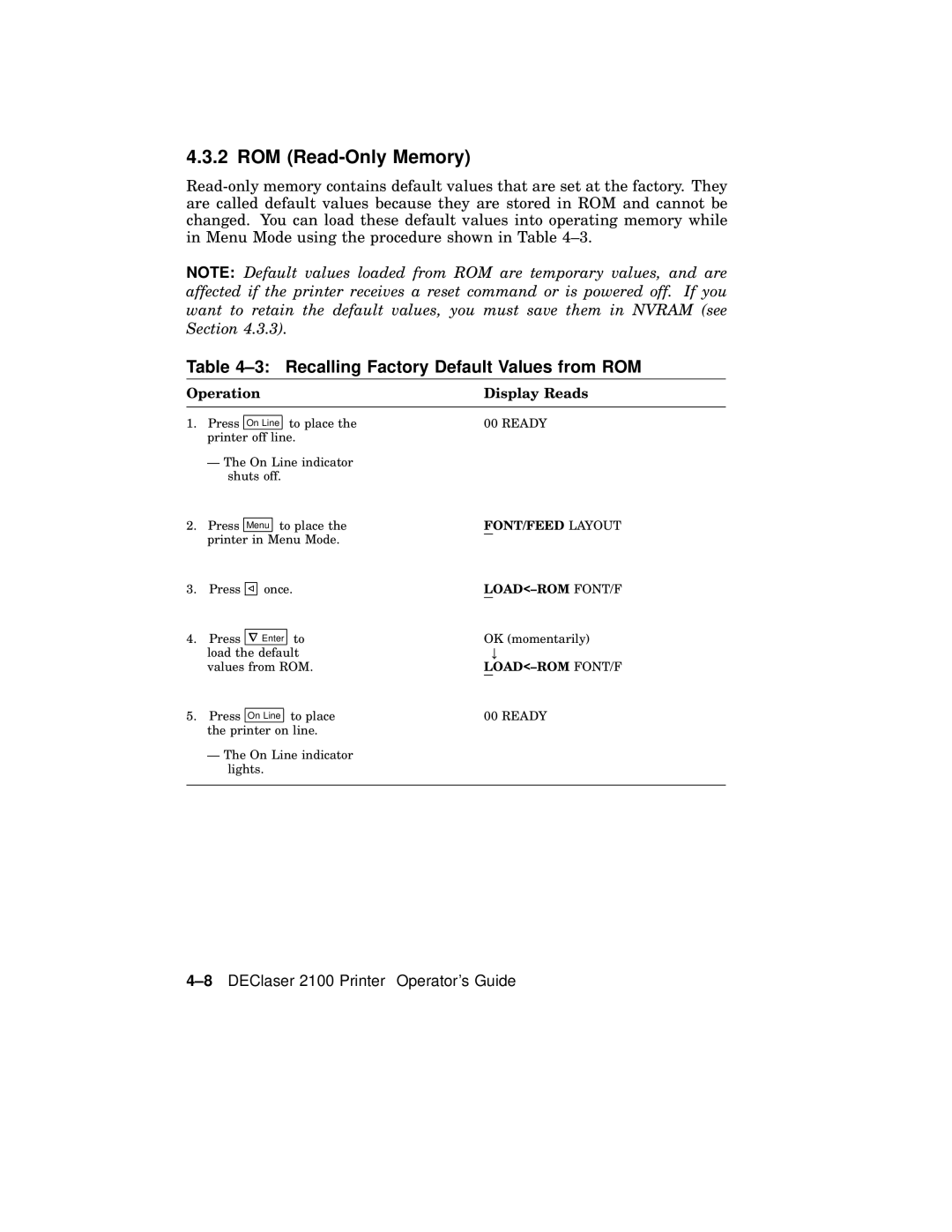 AGFA 2100 manual ROM Read-Only Memory, Recalling Factory Default Values from ROM 