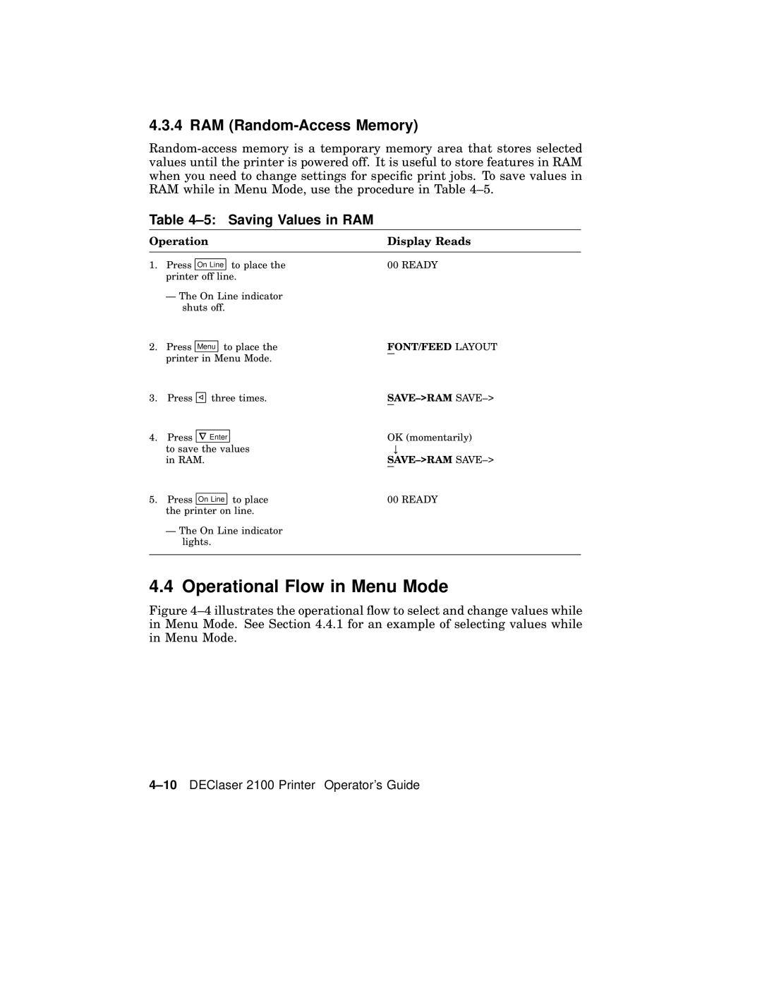 AGFA 2100 manual Operational Flow in Menu Mode, RAM Random-Access Memory, Saving Values in RAM 