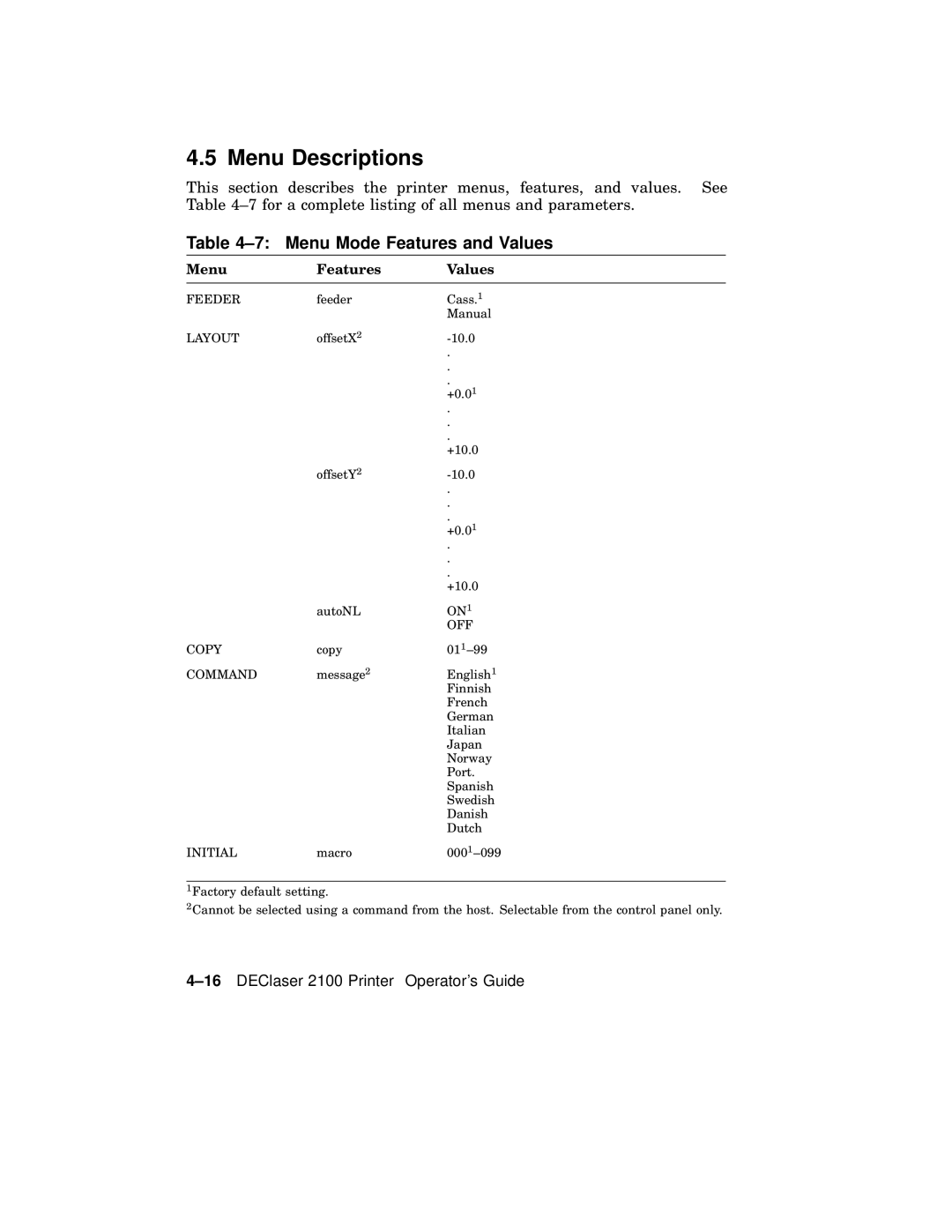 AGFA 2100 manual Menu Descriptions, Menu Mode Features and Values, Menu Features Values 