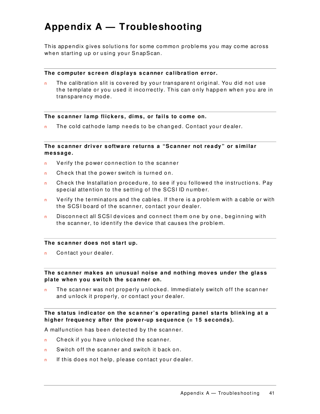 AGFA 310 appendix Appendix a Troubleshooting, E s c a n n e r d o e s n o t s ta r t u p, Co n t ac t y o u r d e ale r 