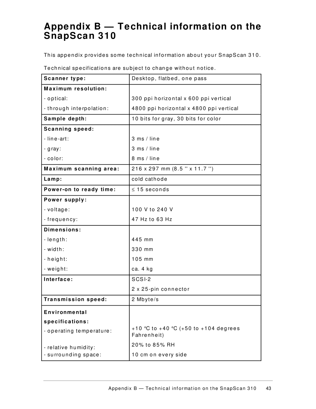 AGFA 310 appendix Appendix B Technical information on the S na pS ca n 3 1 