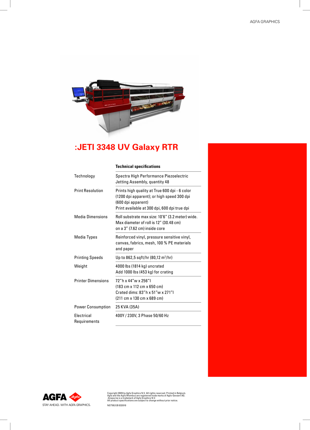AGFA manual JETI 3348 UV Galaxy RTR, Technical specifications 