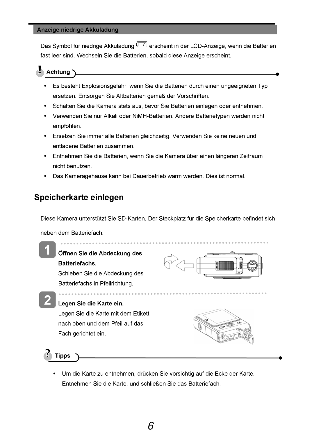 AGFA 505-D manual Speicherkarte einlegen, Anzeige niedrige Akkuladung, Legen Sie die Karte ein, Tipps 