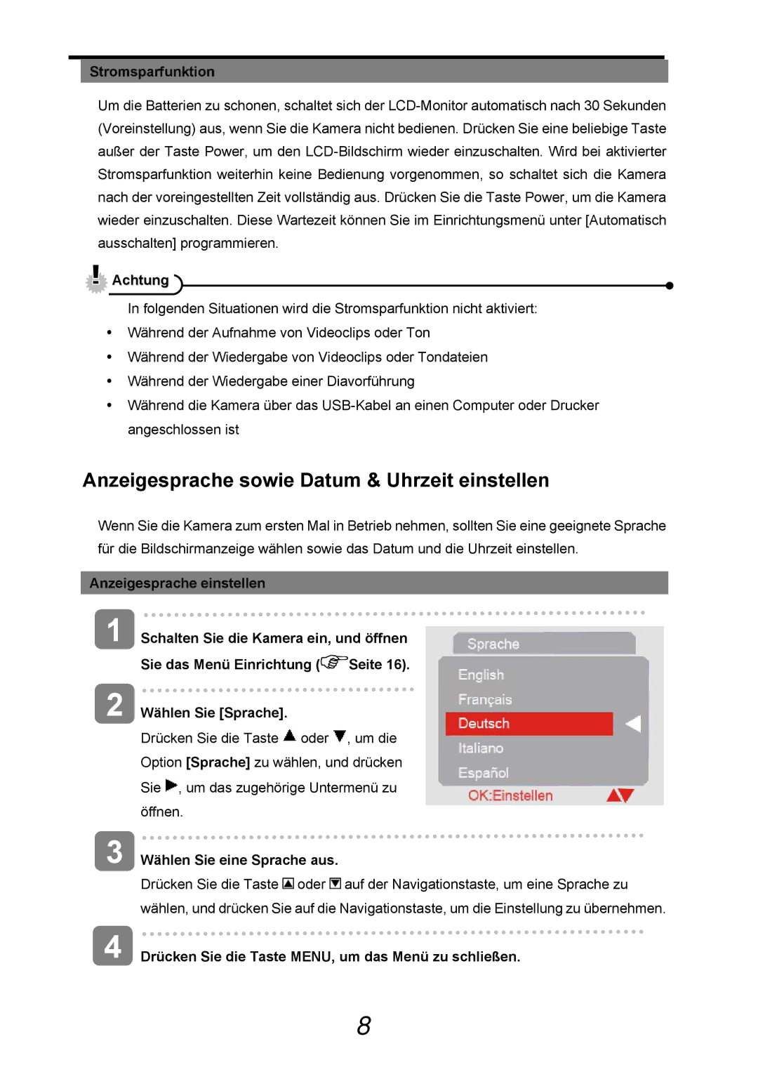 AGFA 505-D manual Anzeigesprache sowie Datum & Uhrzeit einstellen, Stromsparfunktion, Wählen Sie Sprache 