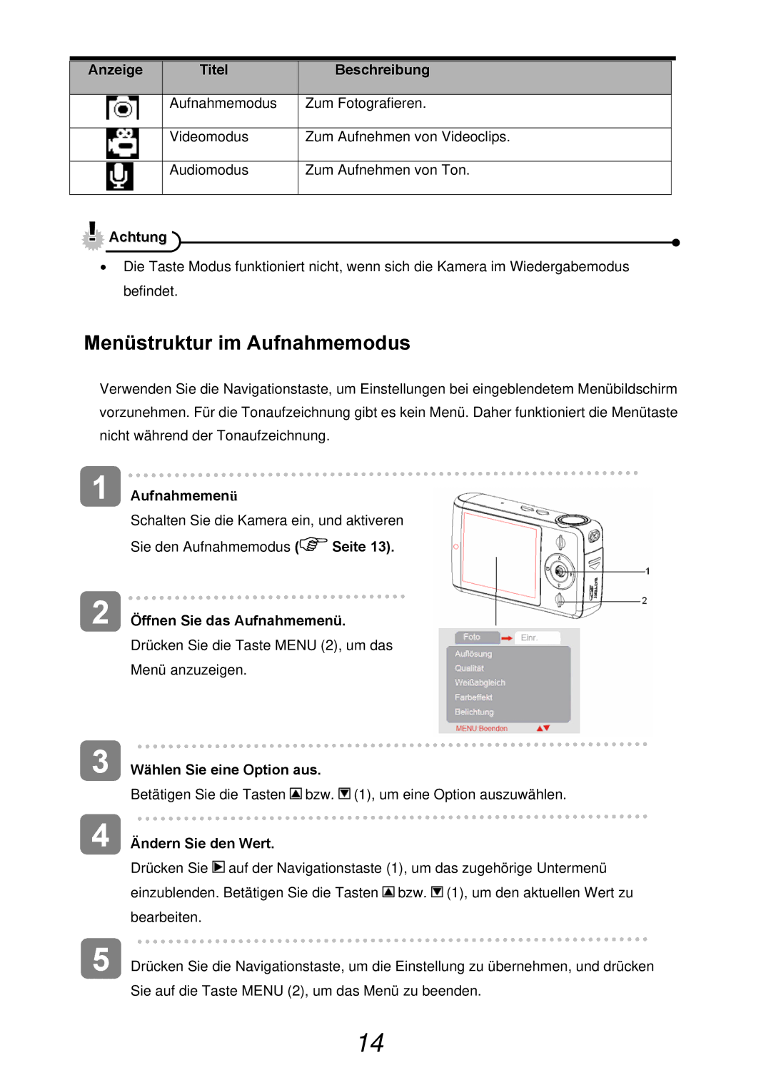 AGFA 505-D manual Menüstruktur im Aufnahmemodus 