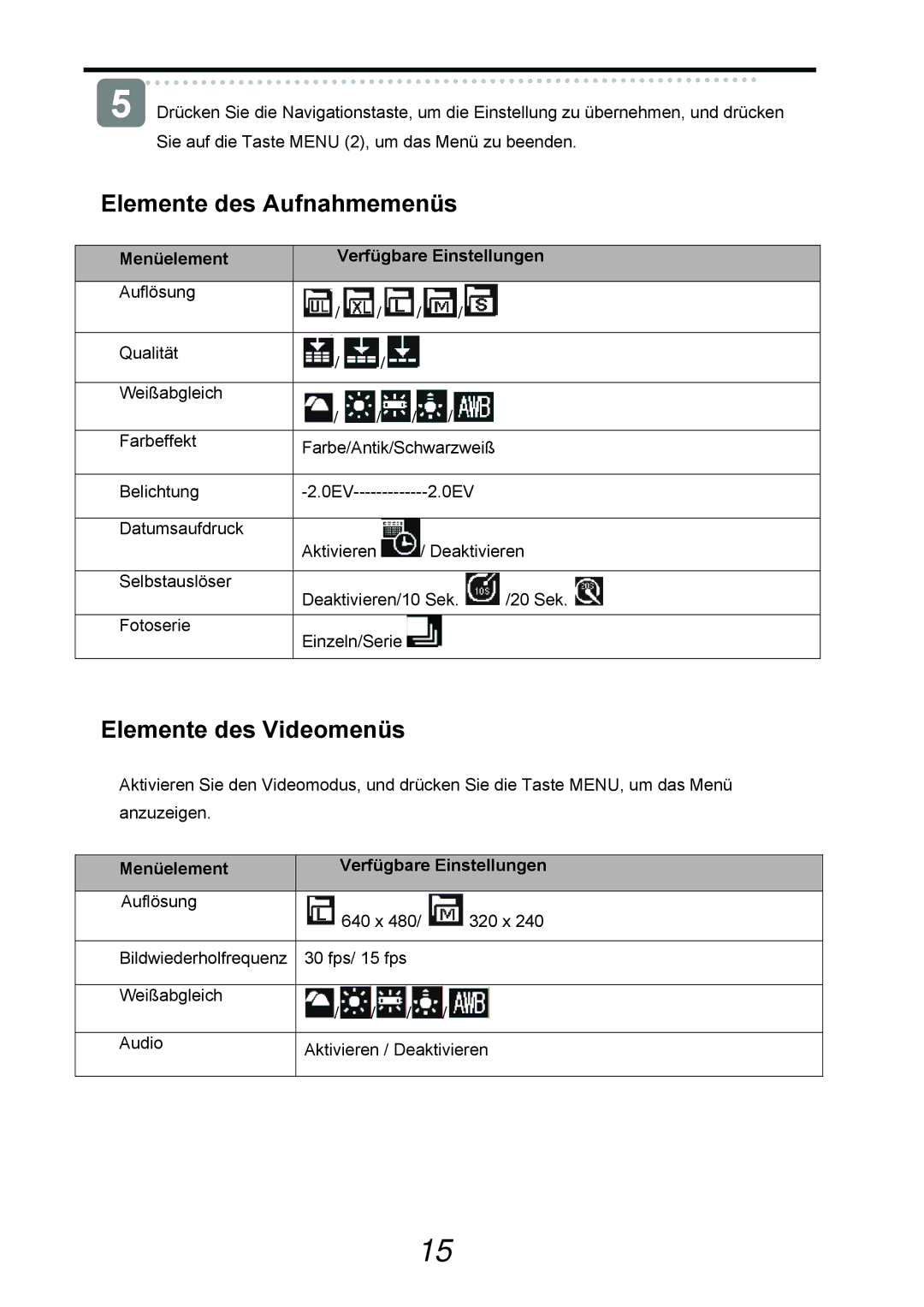 AGFA 505-D manual Elemente des Aufnahmemenüs, Elemente des Videomenüs, Menüelement Verfügbare Einstellungen 