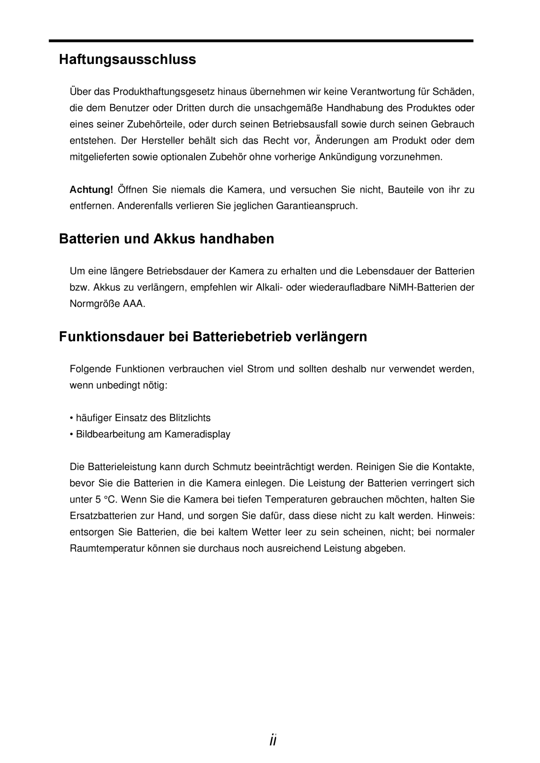 AGFA 505-D manual Haftungsausschluss, Batterien und Akkus handhaben, Funktionsdauer bei Batteriebetrieb verlängern 