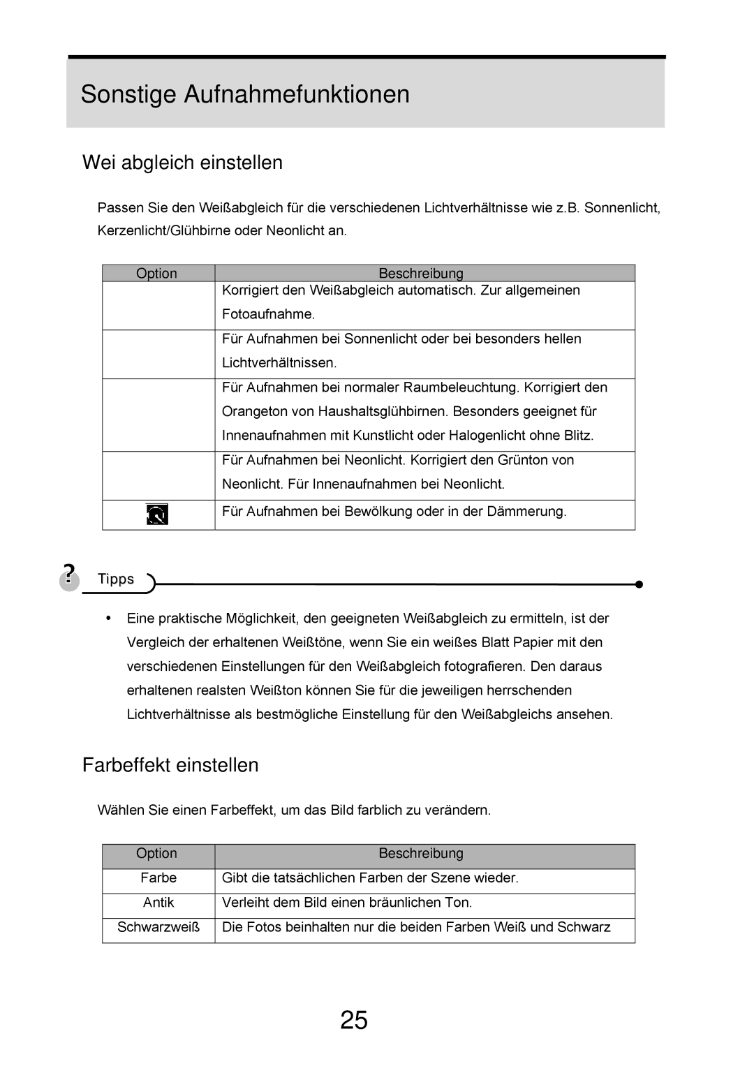 AGFA 505-D manual Sonstige Aufnahmefunktionen, Weißabgleich einstellen, Farbeffekt einstellen, Option Beschreibung 