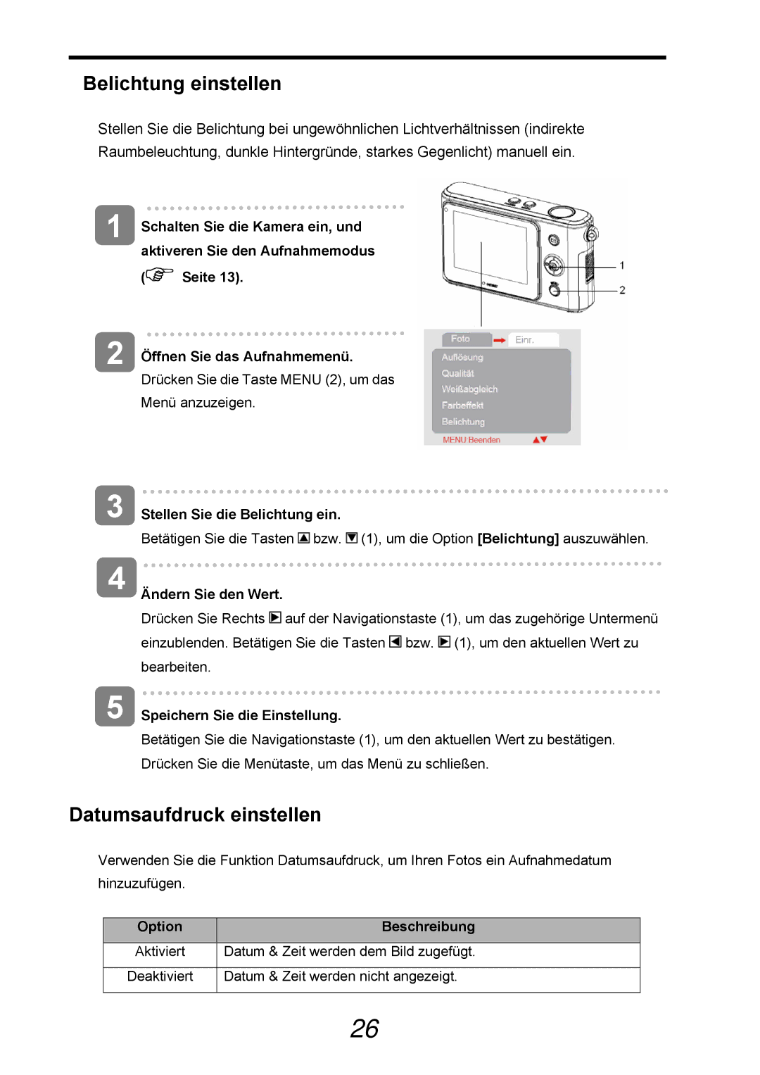 AGFA 505-D manual Belichtung einstellen, Datumsaufdruck einstellen, Stellen Sie die Belichtung ein 