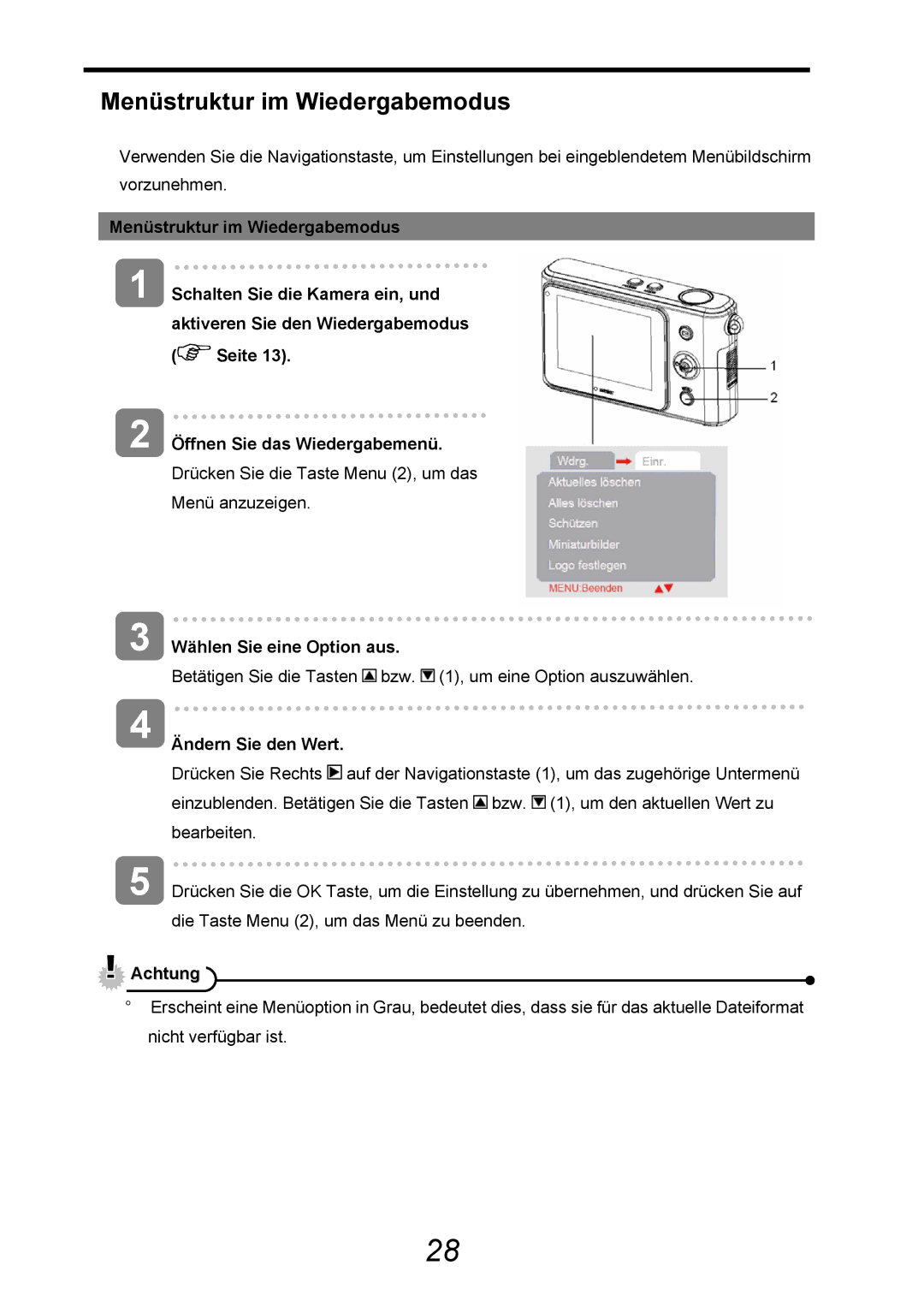 AGFA 505-D manual Menüstruktur im Wiedergabemodus, Öffnen Sie das Wiedergabemenü 