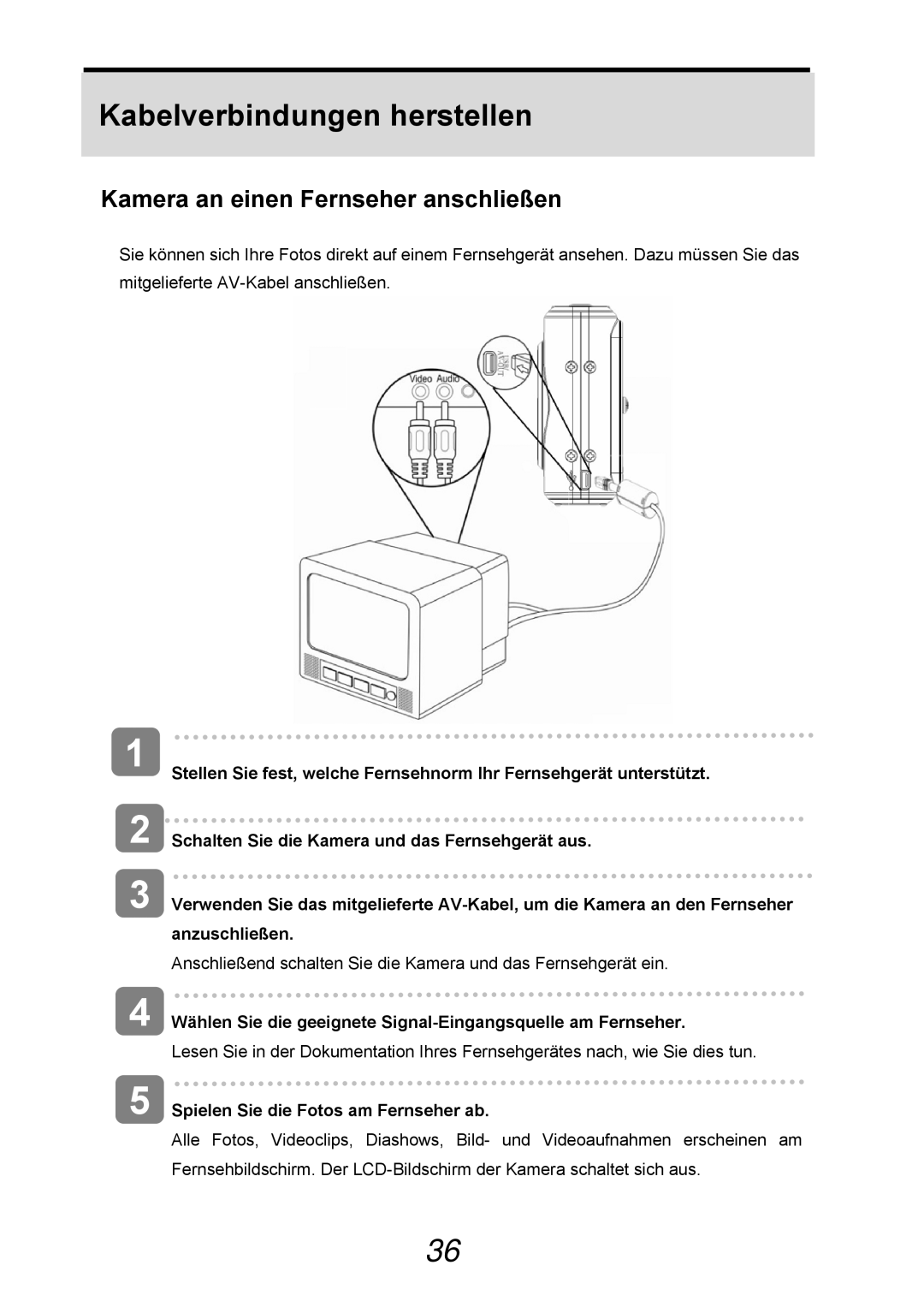 AGFA 505-D manual Kabelverbindungen herstellen, Kamera an einen Fernseher anschließen 