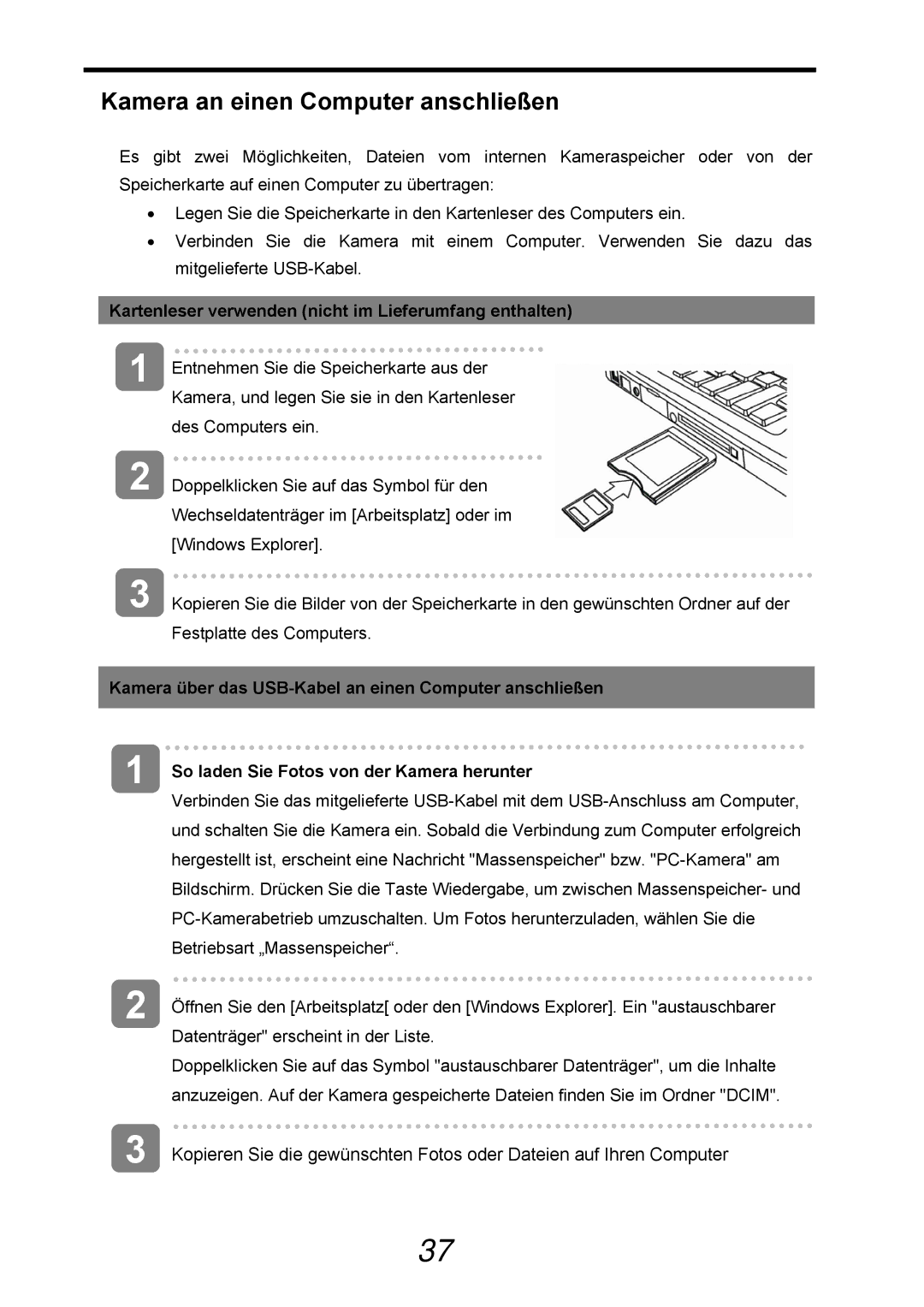 AGFA 505-D manual Kamera an einen Computer anschließen, Kartenleser verwenden nicht im Lieferumfang enthalten 