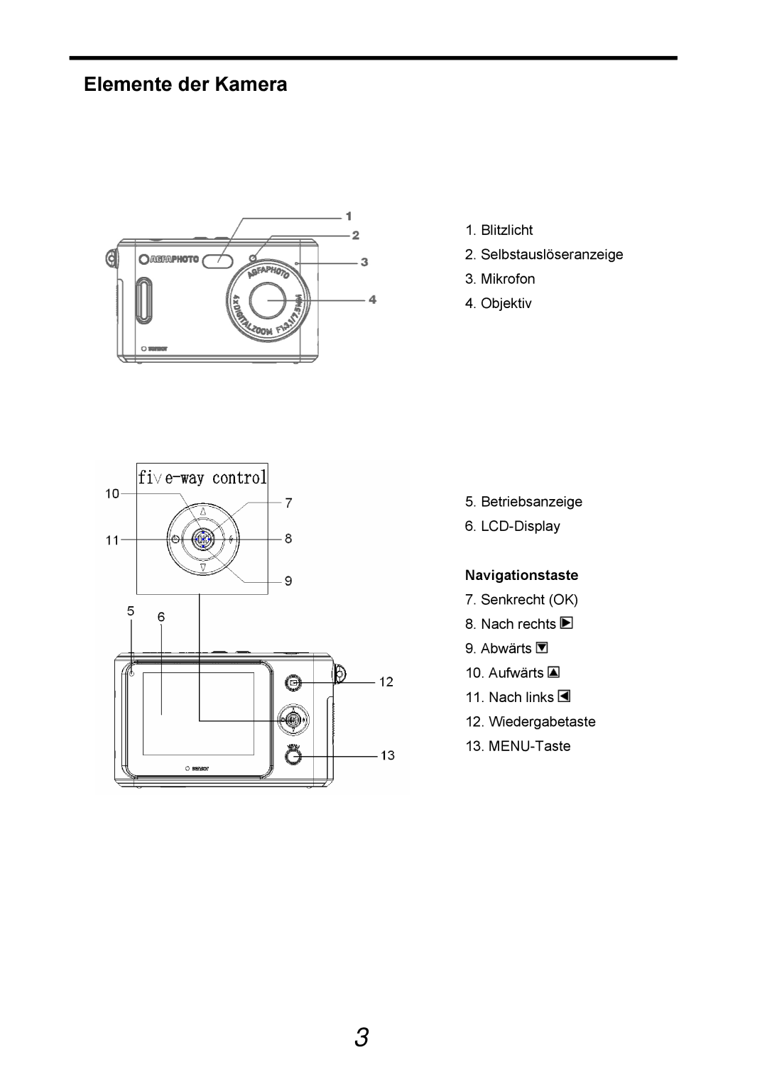 AGFA 505-D manual Elemente der Kamera, Navigationstaste 