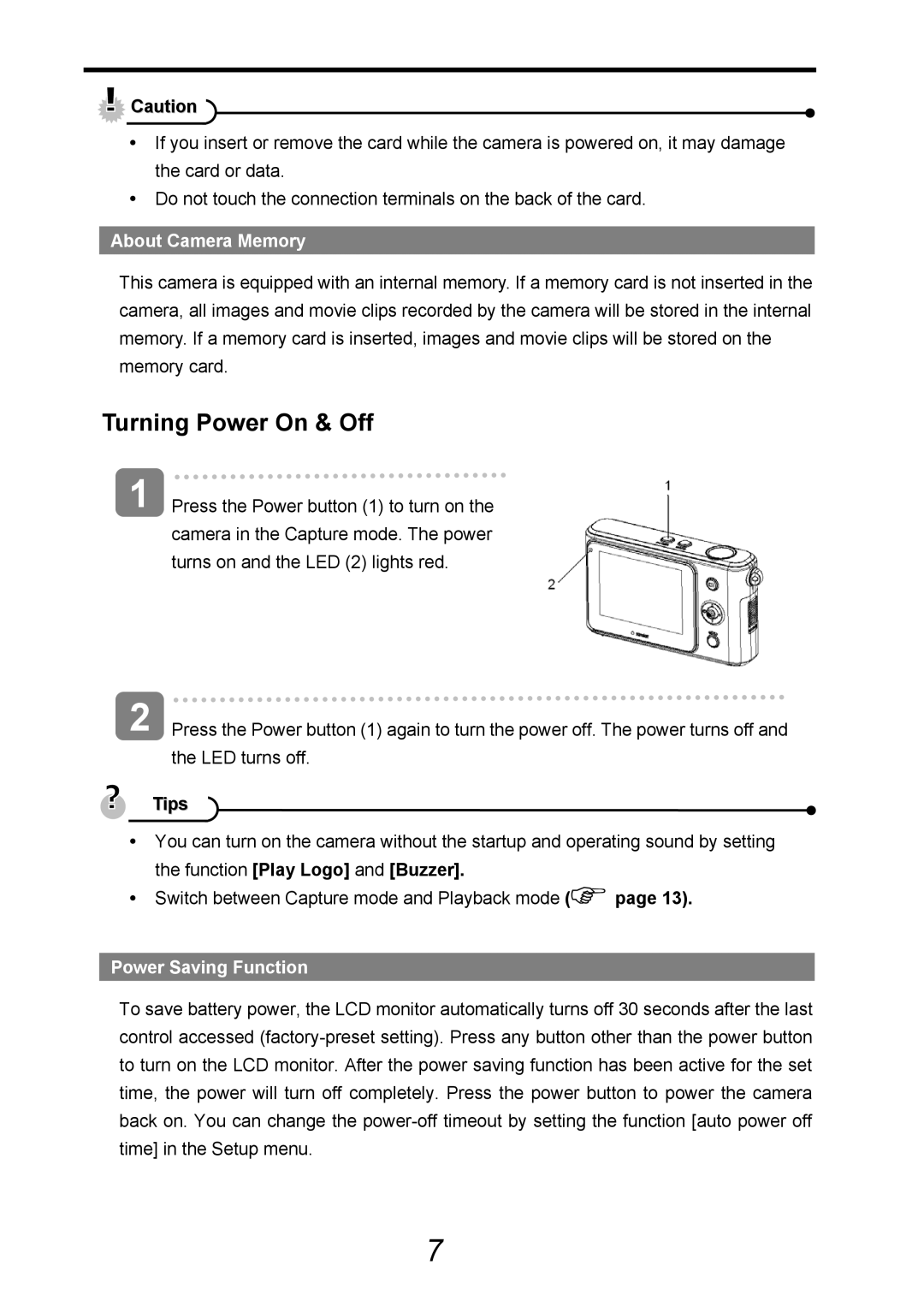 AGFA 505-D user manual Turning Power On & Off, About Camera Memory, Switch between Capture mode and Playback mode 