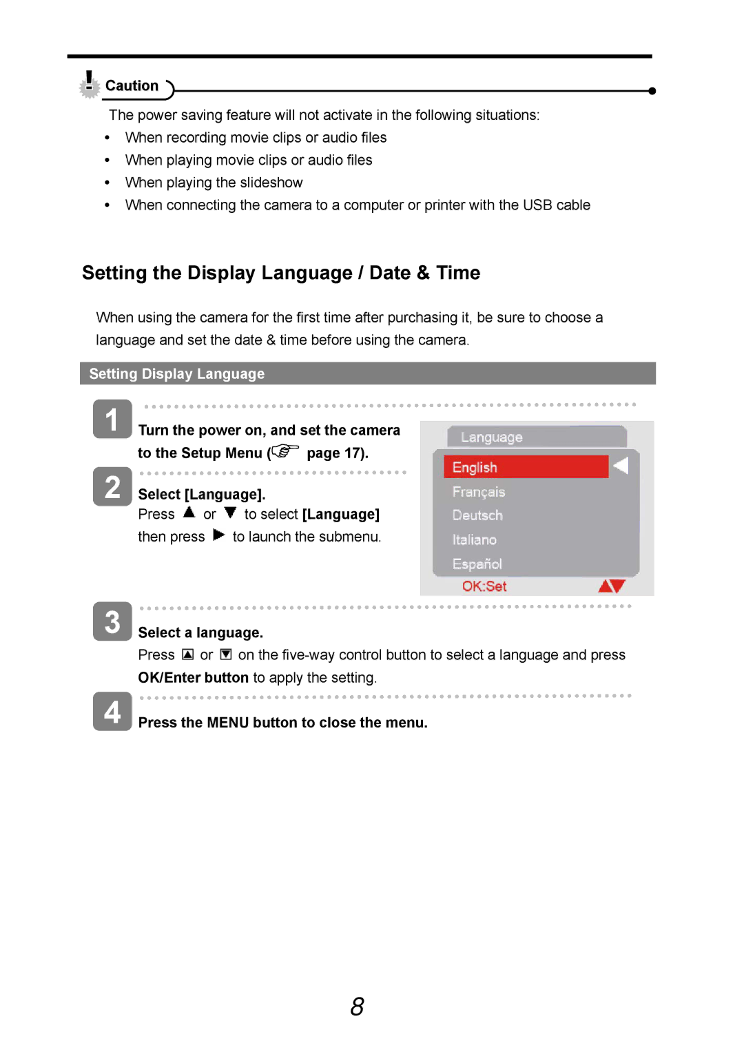 AGFA 505-D user manual Setting the Display Language / Date & Time, Setting Display Language, Select a language 