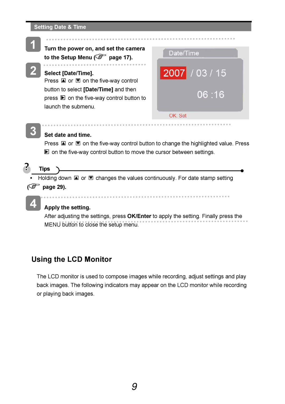 AGFA 505-D user manual Using the LCD Monitor, Setting Date & Time, Set date and time, Apply the setting 