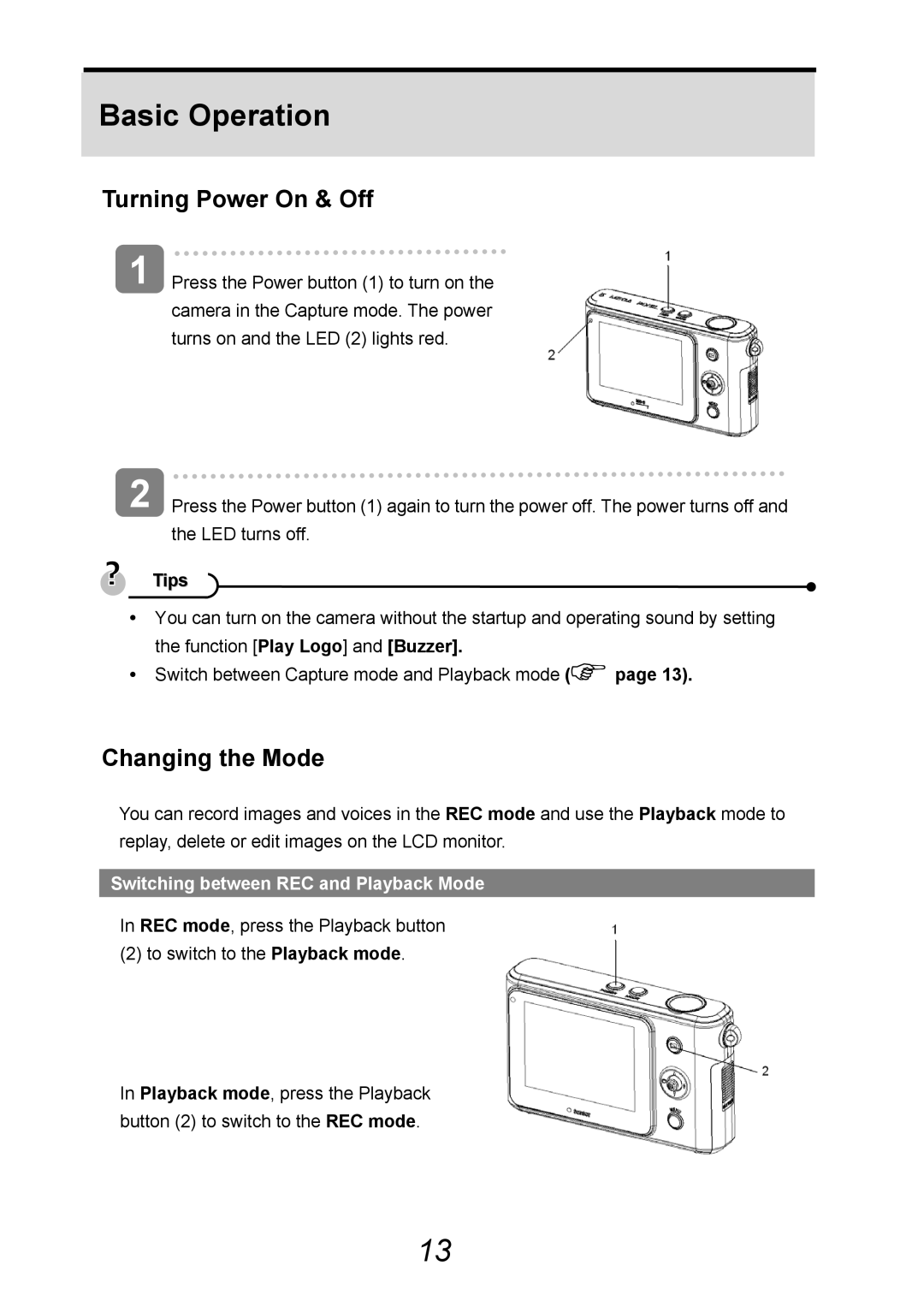 AGFA 505-D user manual Basic Operation, Changing the Mode, Switching between REC and Playback Mode 