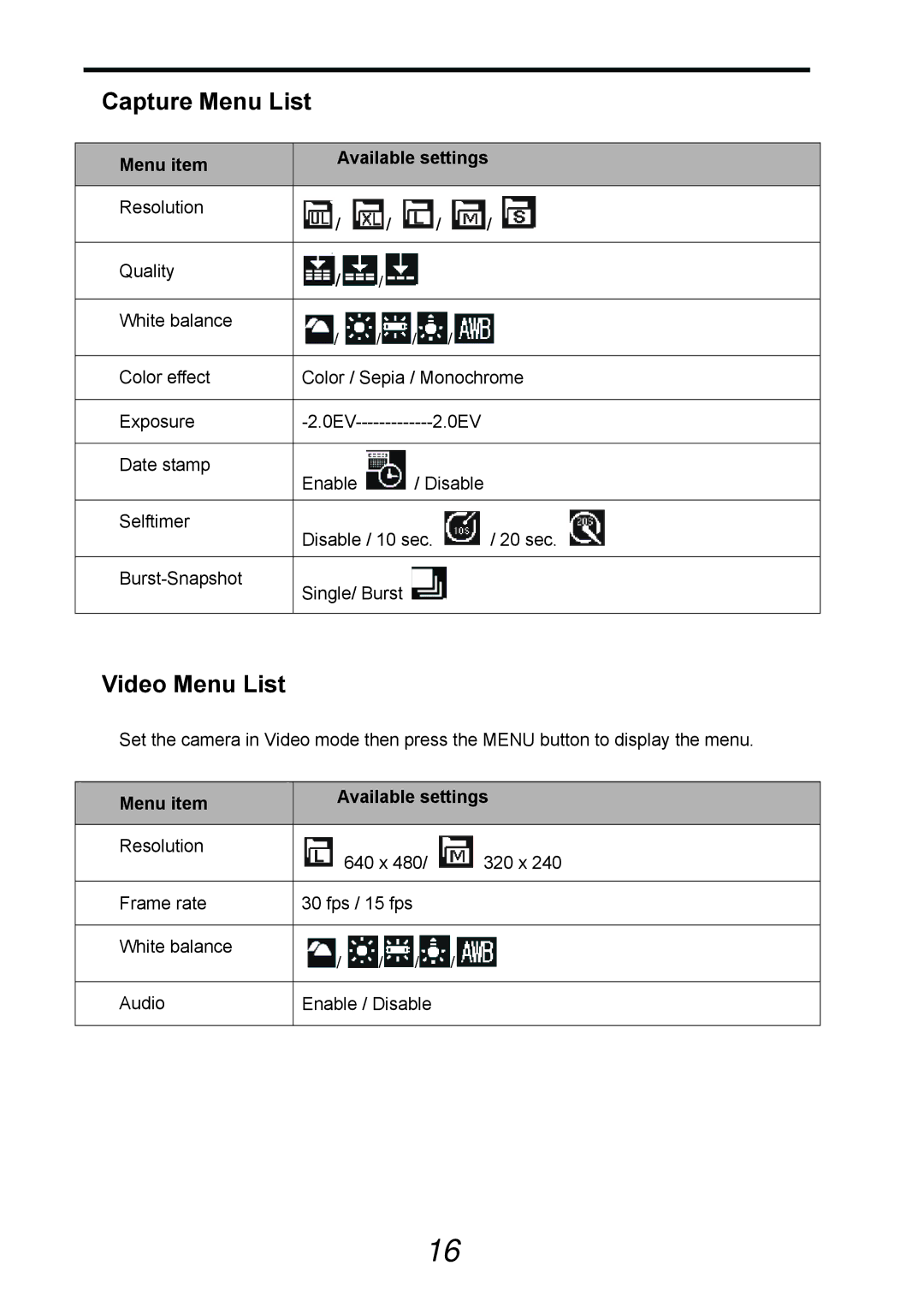 AGFA 505-D user manual Capture Menu List, Video Menu List, Menu item Available settings 