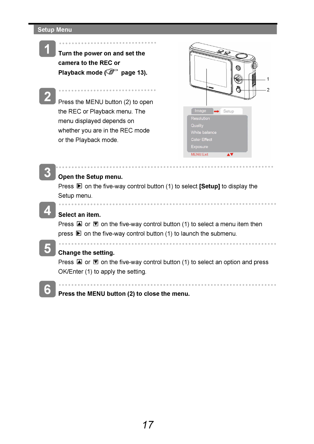 AGFA 505-D user manual Setup Menu, Turn the power on and set, Camera to the REC or Playback mode, Open the Setup menu 