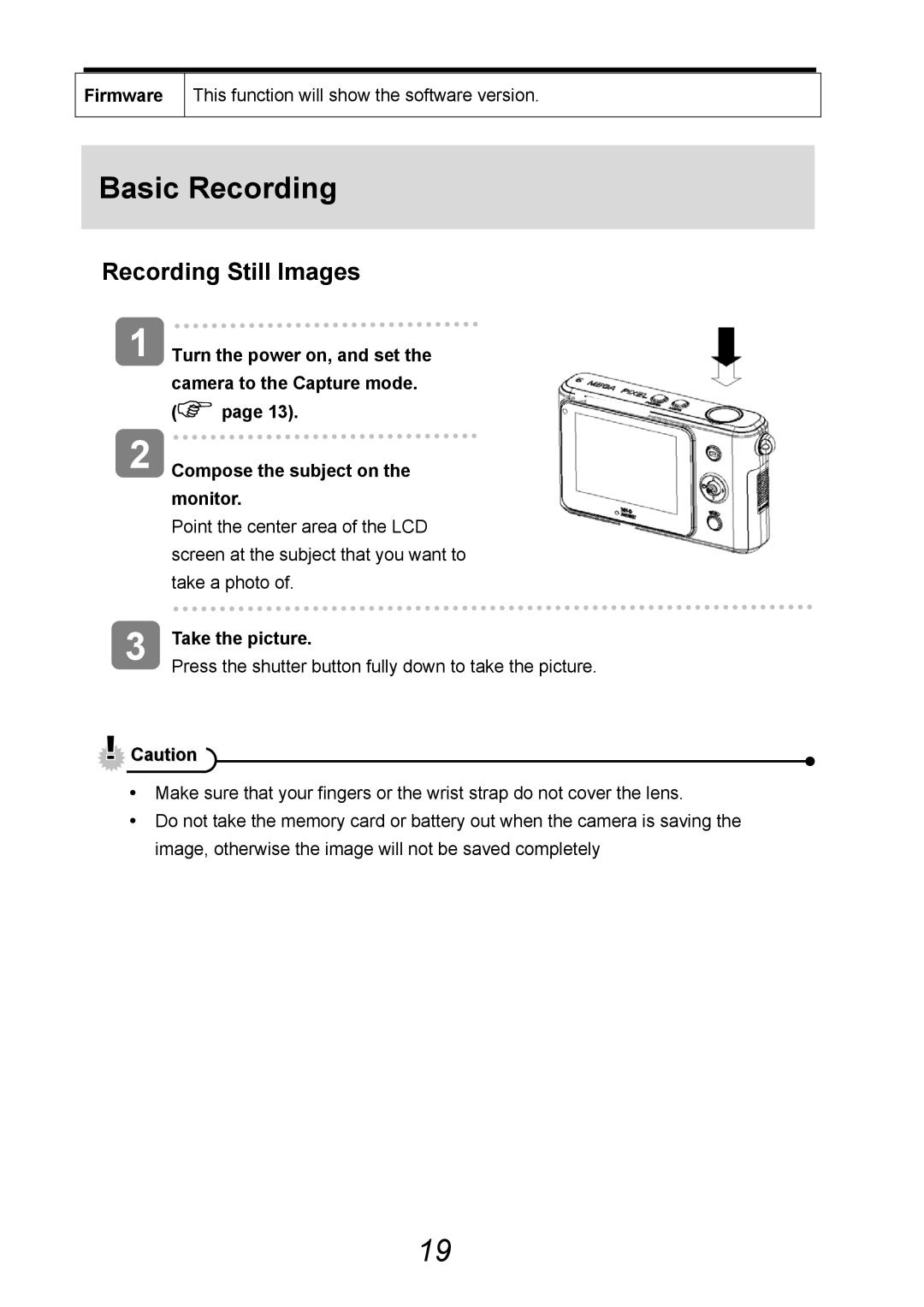 AGFA 505-D user manual Basic Recording, Recording Still Images, Firmware, Take the picture 