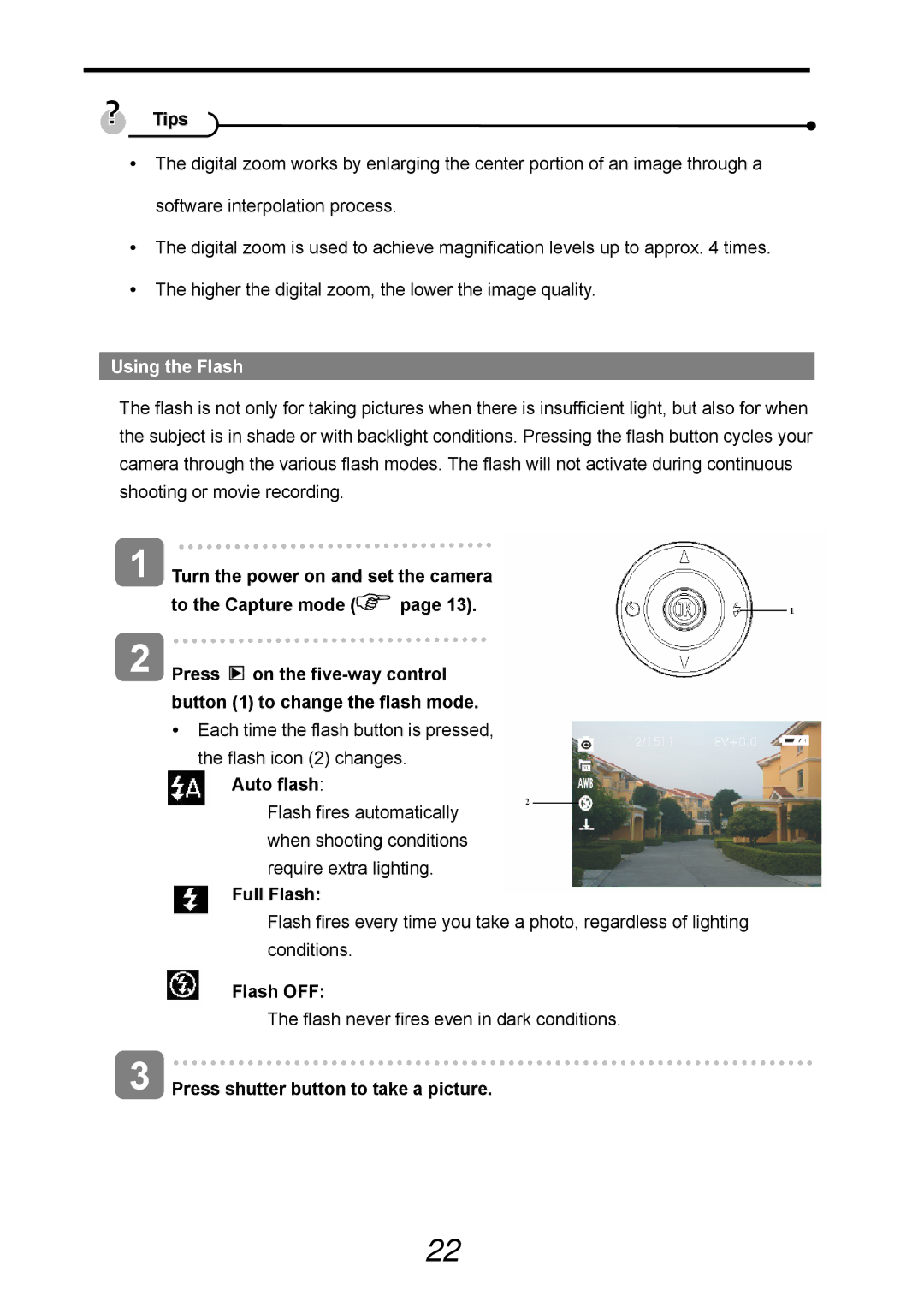 AGFA 505-D user manual Using the Flash, Auto flash, Full Flash, Flash OFF, Press shutter button to take a picture 