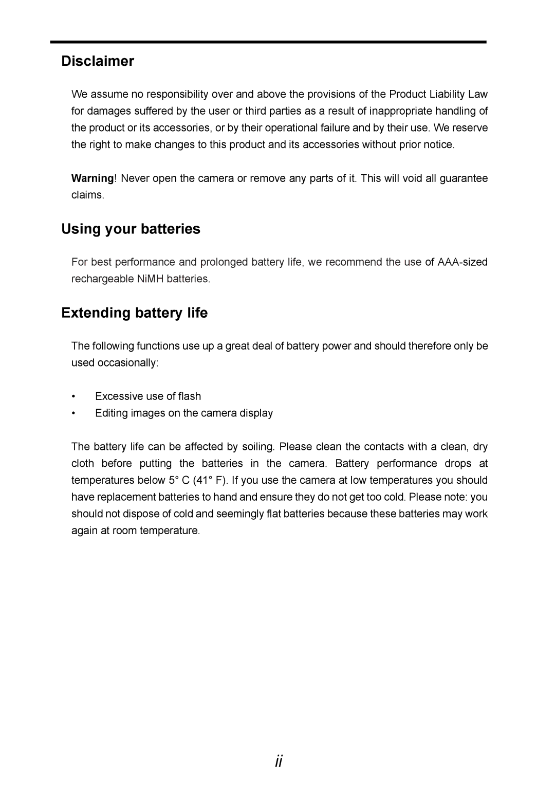 AGFA 505-D user manual Disclaimer, Using your batteries, Extending battery life 