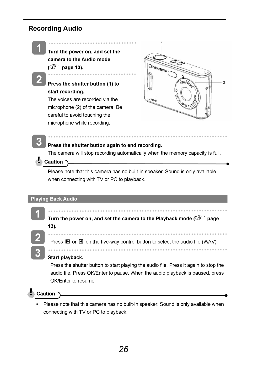 AGFA 505-D user manual Recording Audio, Press the shutter button again to end recording, Playing Back Audio, Start playback 