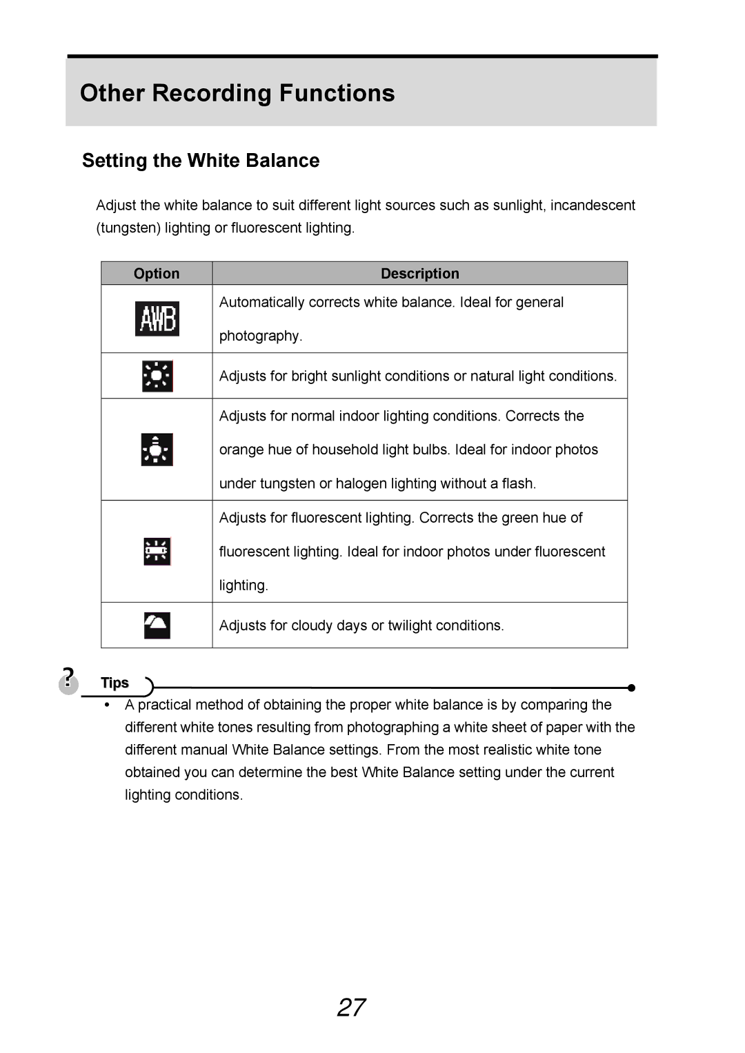 AGFA 505-D user manual Other Recording Functions, Setting the White Balance, Option Description 