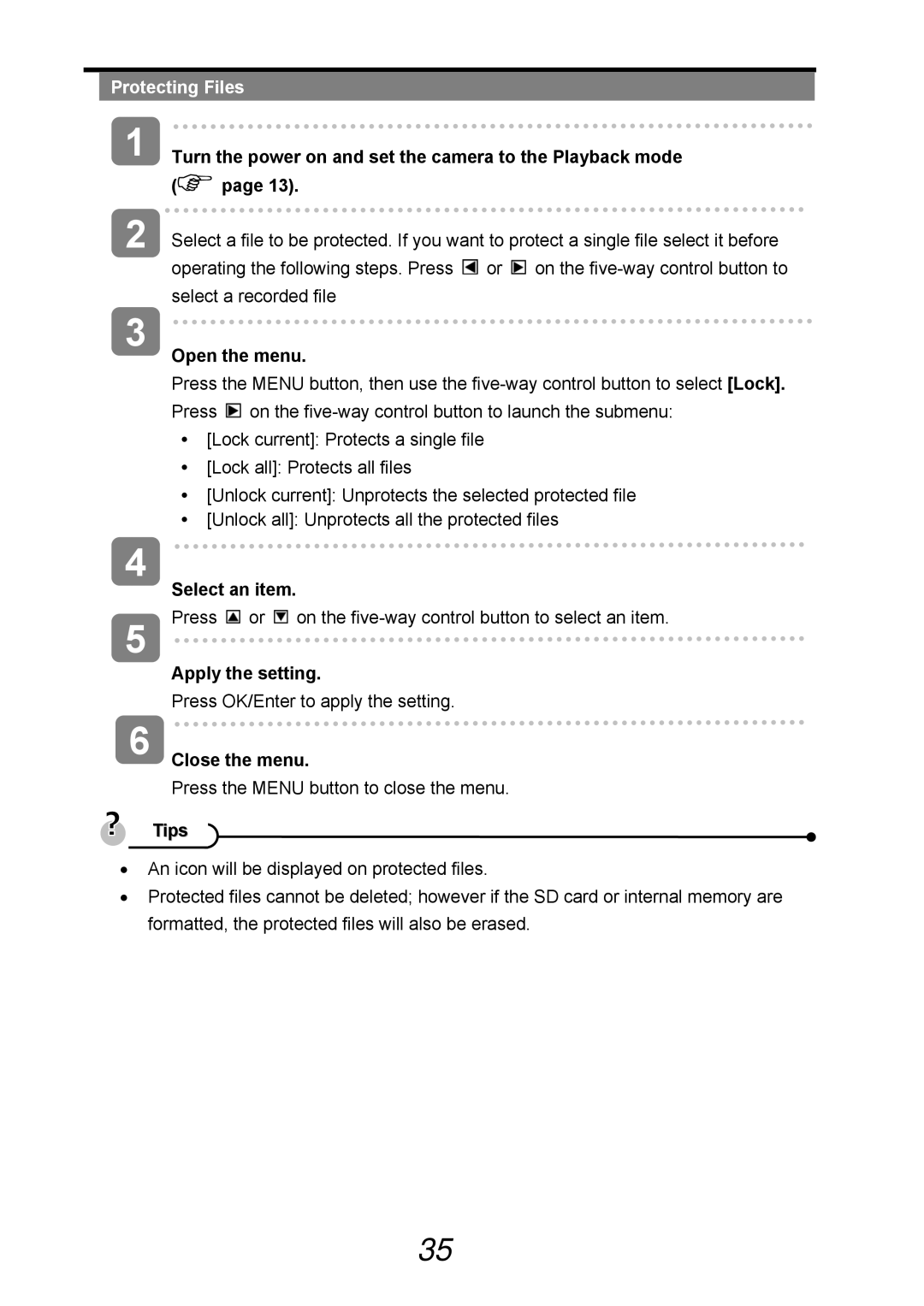 AGFA 505-D user manual Protecting Files, Close the menu 