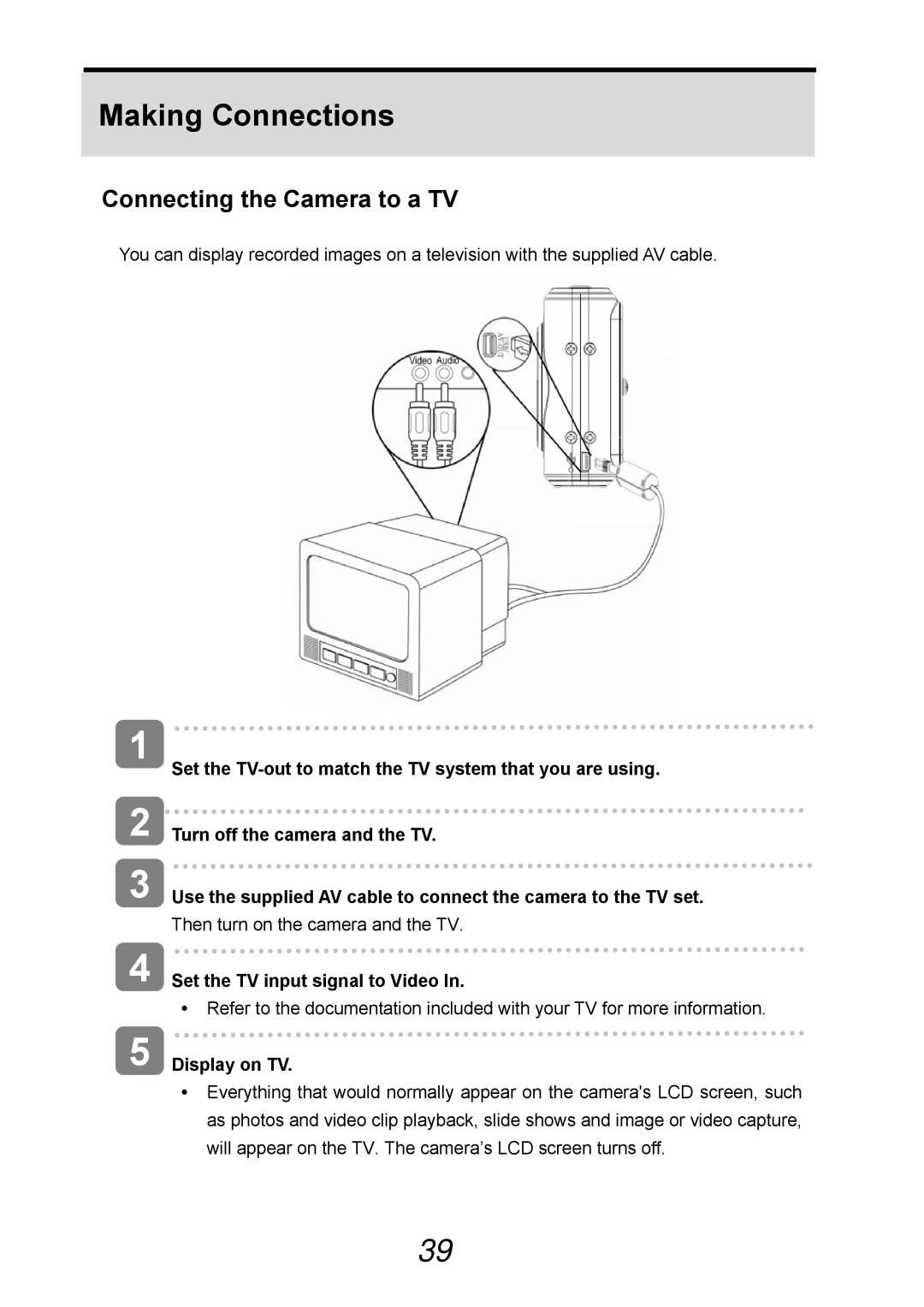 AGFA 505-D user manual Making Connections, Connecting the Camera to a TV 