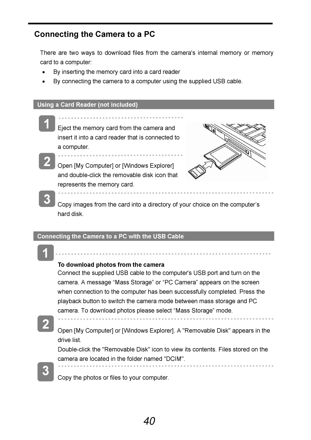 AGFA 505-D user manual Connecting the Camera to a PC, Using a Card Reader not included, To download photos from the camera 