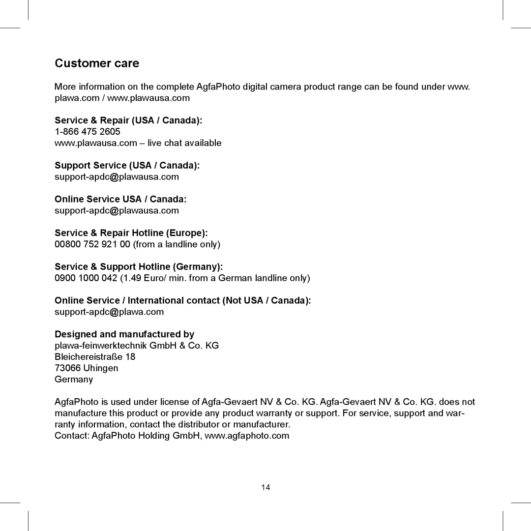 AGFA 505-X operating instructions Customer care 