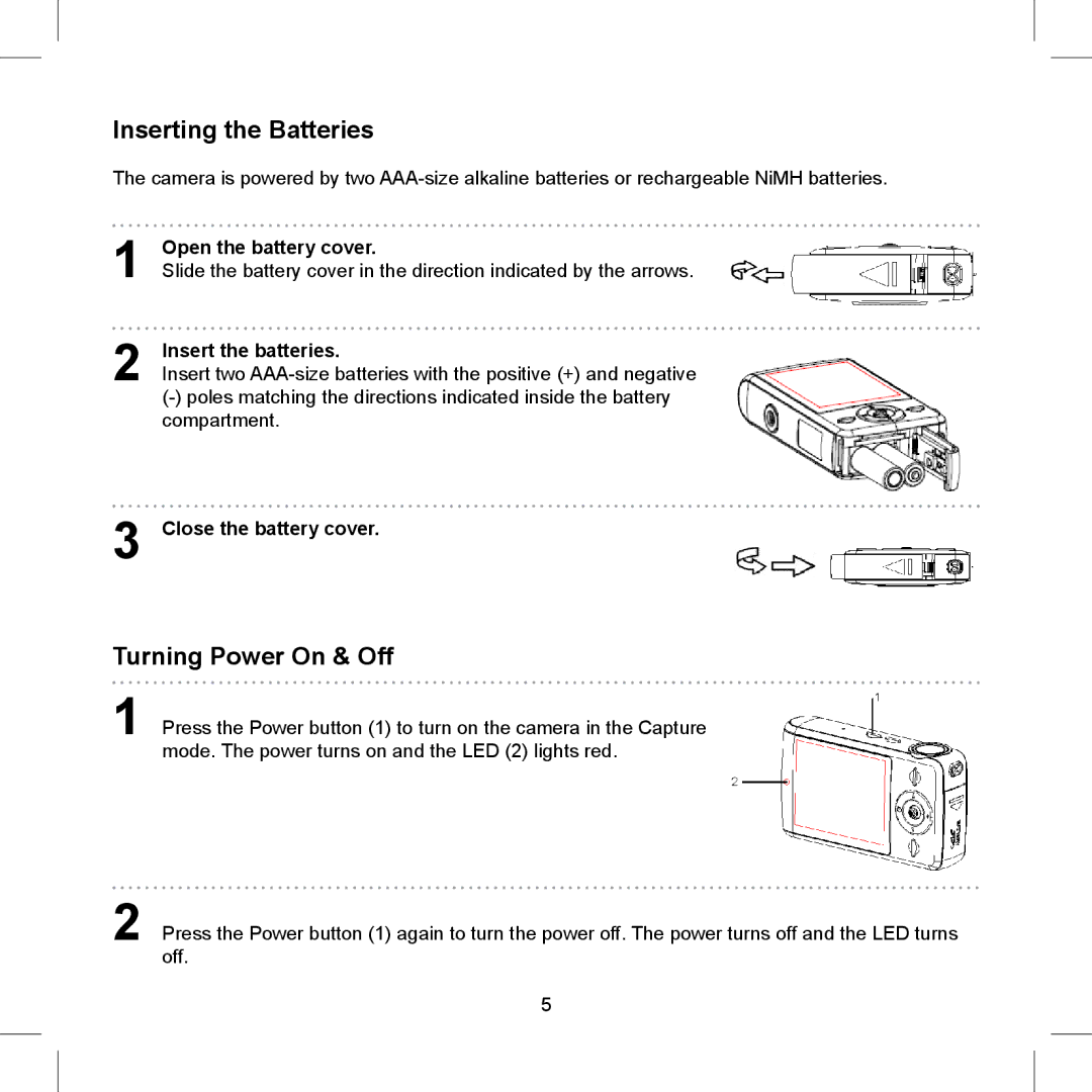 AGFA 505-X Inserting the Batteries, Turning Power On & Off, Open the battery cover, Insert the batteries 