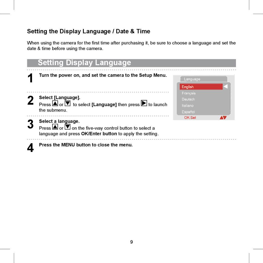 AGFA 505-X operating instructions Setting Display Language, Setting the Display Language / Date & Time, Select a language 