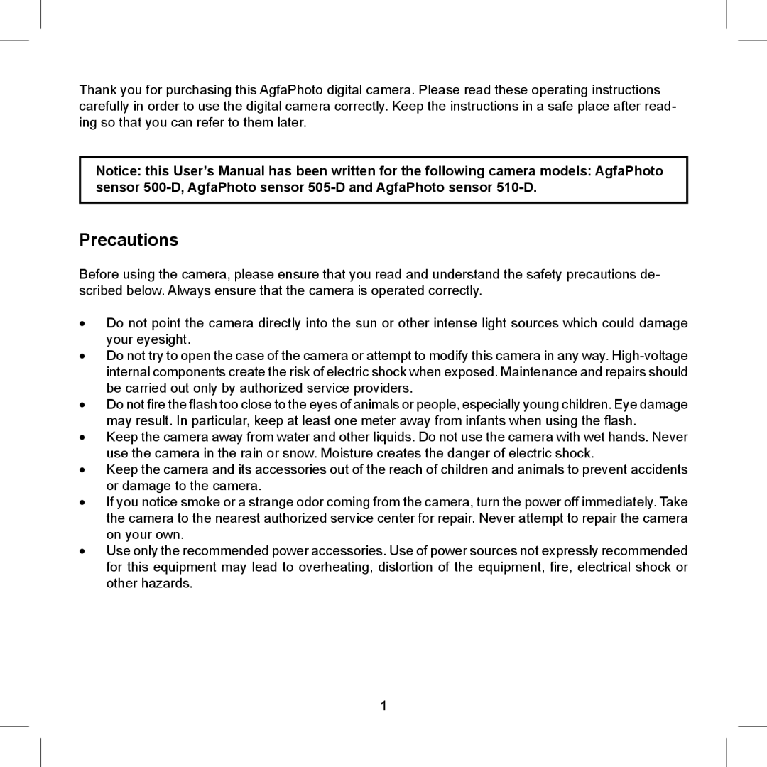 AGFA 505-D, 510-D, 500-D operating instructions Precautions 