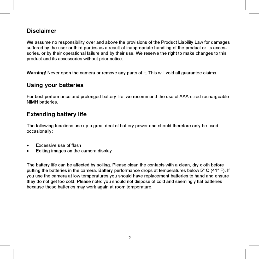 AGFA 500-D, 510-D, 505-D operating instructions Disclaimer, Using your batteries, Extending battery life 