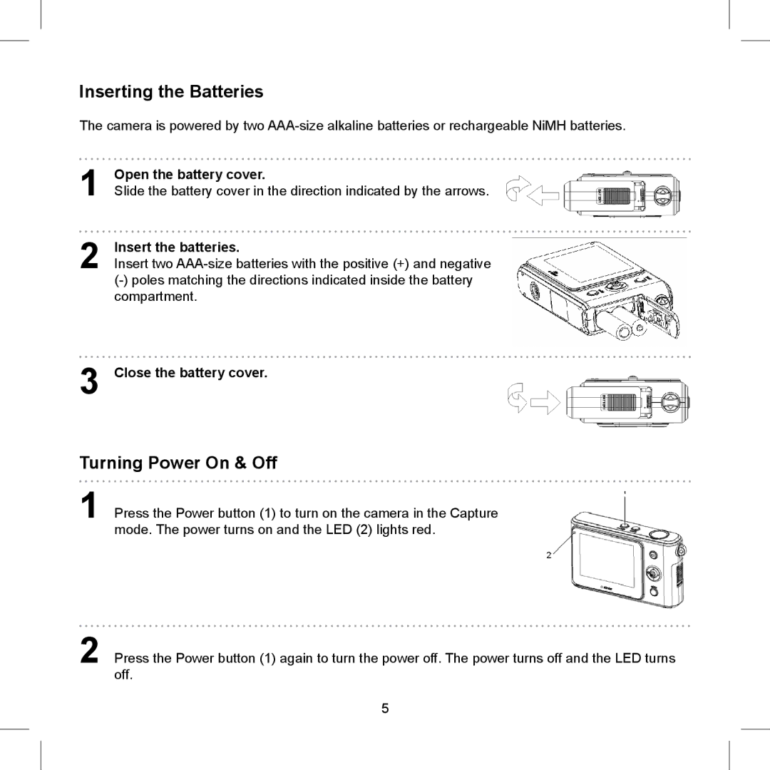 AGFA 500-D, 510-D, 505-D Inserting the Batteries, Turning Power On & Off, Open the battery cover, Insert the batteries 